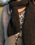 A close-up of a dark brown textured knit scarf wrapped around the neck, layered over a cardigan and a patterned tank top. The knit texture is clearly visible, showing its rich ribbed design.