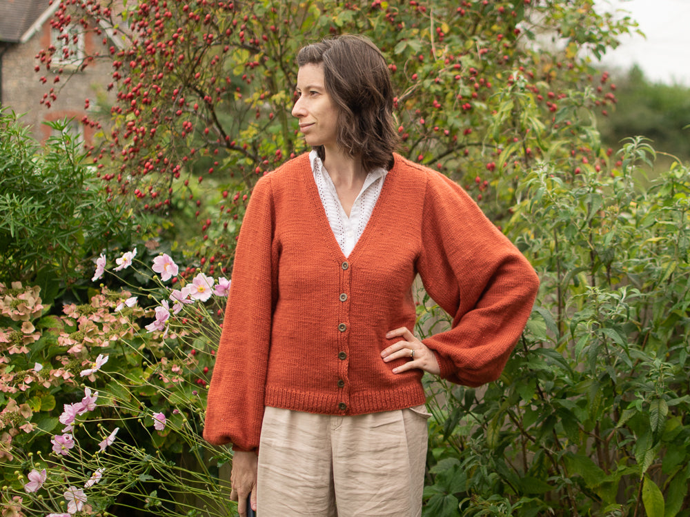 Amber Apple puffed sleeve, v-neck cardigan knitting pattern Amber Apple puffed sleeve, v-neck cardigan knitting pattern