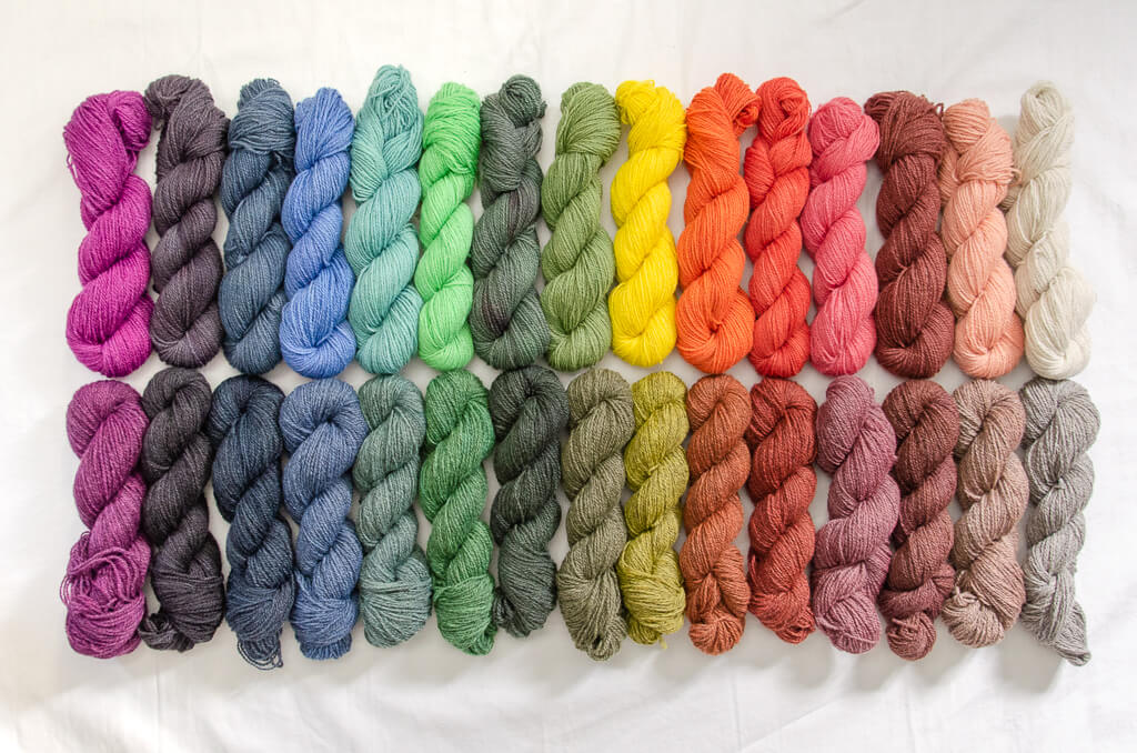The full hand-dyed rainbow of the Marina Skua Mendip yarn range