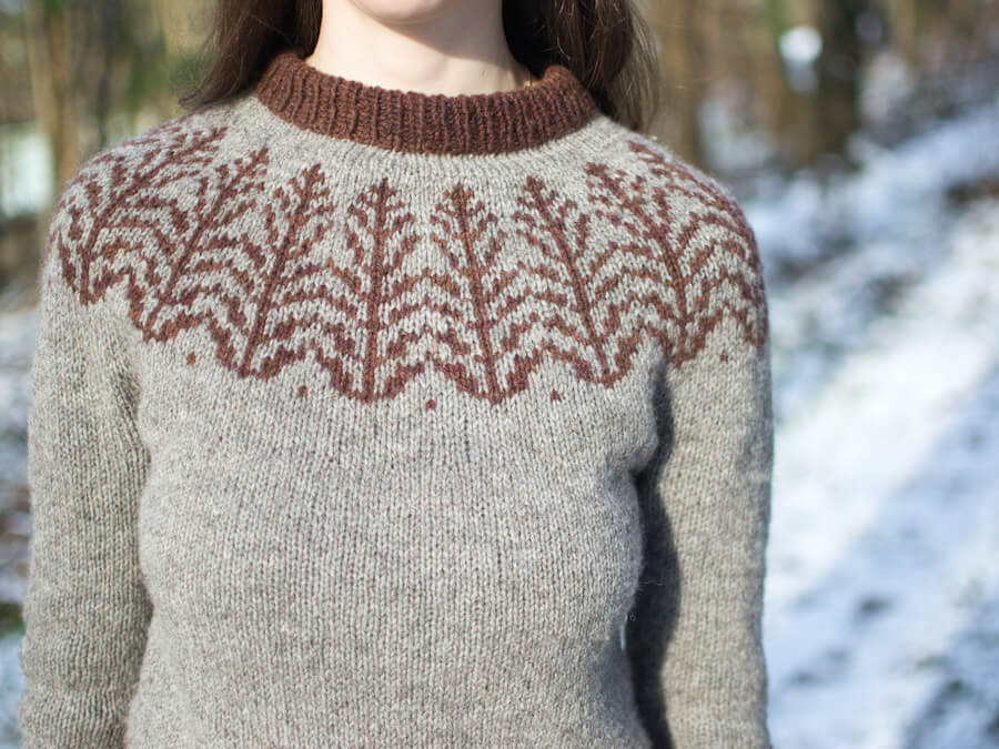 A close-up of the botanically inspired Weod Yoke colourwork knitting pattern
