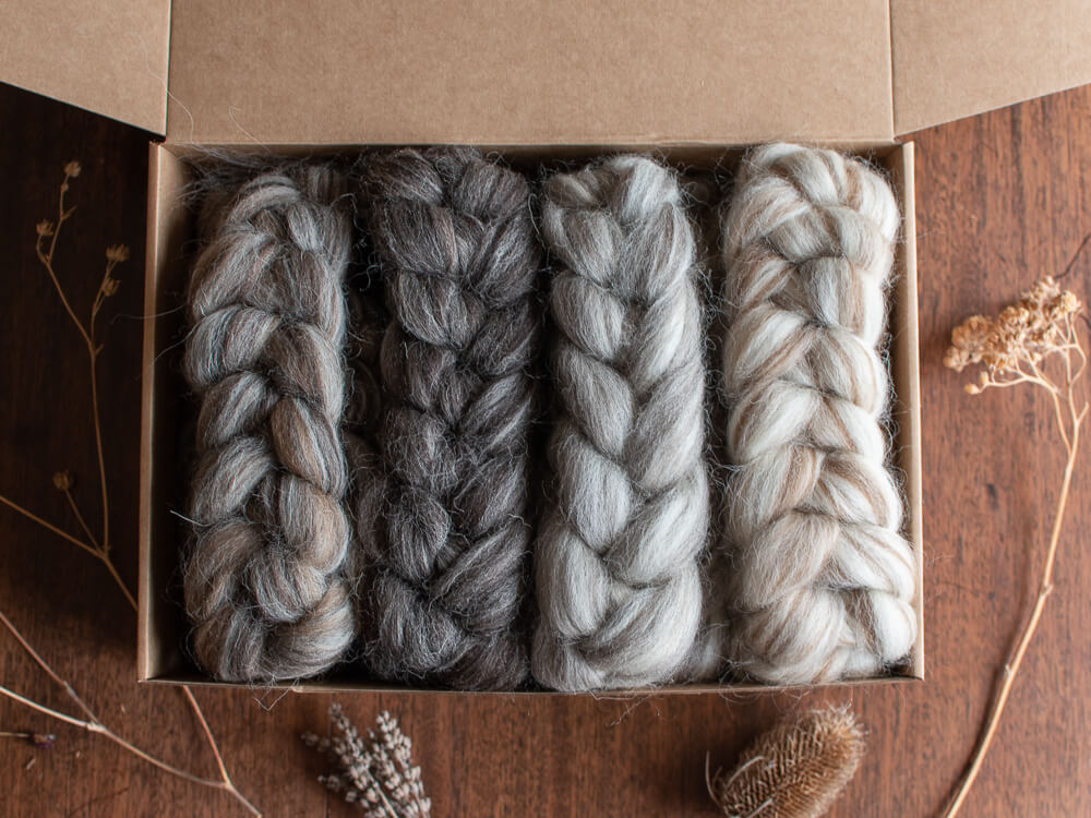 A cardboard box containing four neatly braided bundles of British wool spinning fibre in varying shades of gray and cream, displayed on a wooden surface. Dried botanicals, including seed heads and lavender, are arranged around the box, complementing the natural tones and textures of the wool.