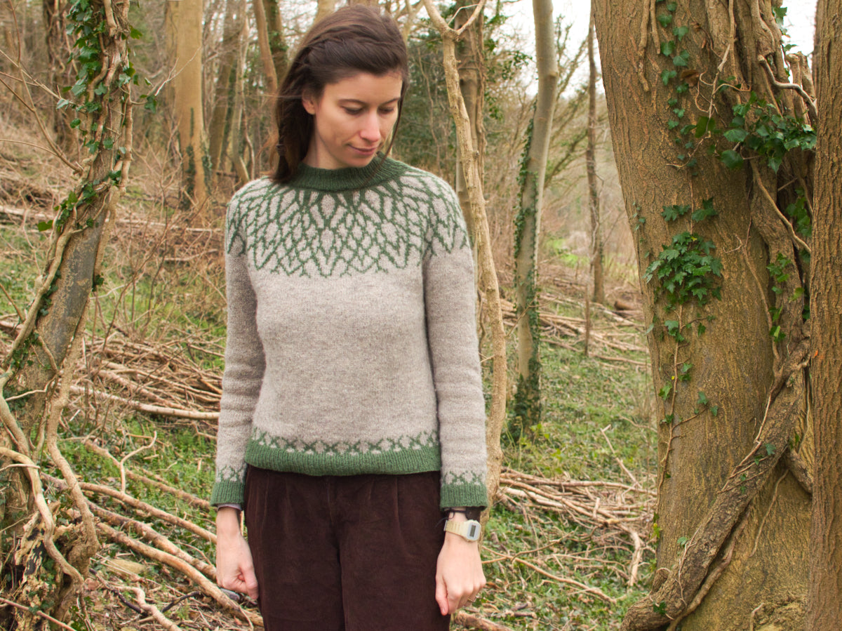 A hand-knit colourwork yoked jumper inspired by trees and art nouveau design