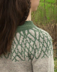 A close up of the shoulder of Boskular – a yoked colourwork jumper inspired by tree branches