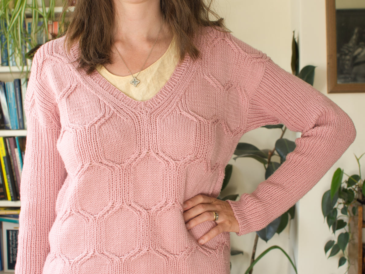 Hexangle v neck, cable jumper knitting pattern