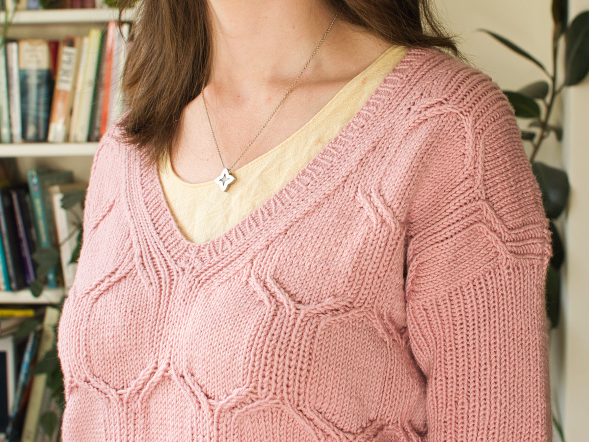 Hexangle v neck, cable jumper knitting pattern