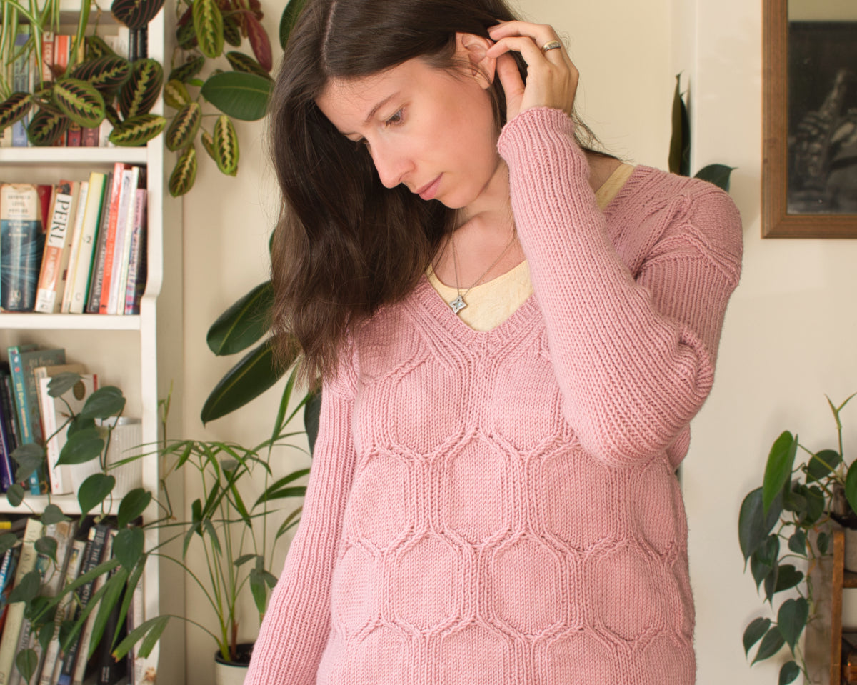 Hexangle v neck, cable jumper knitting pattern