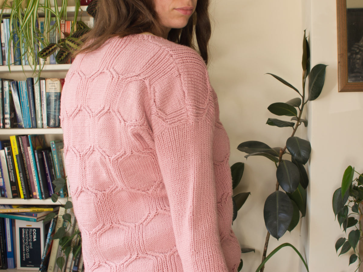 Hexangle v neck, cable jumper knitting pattern