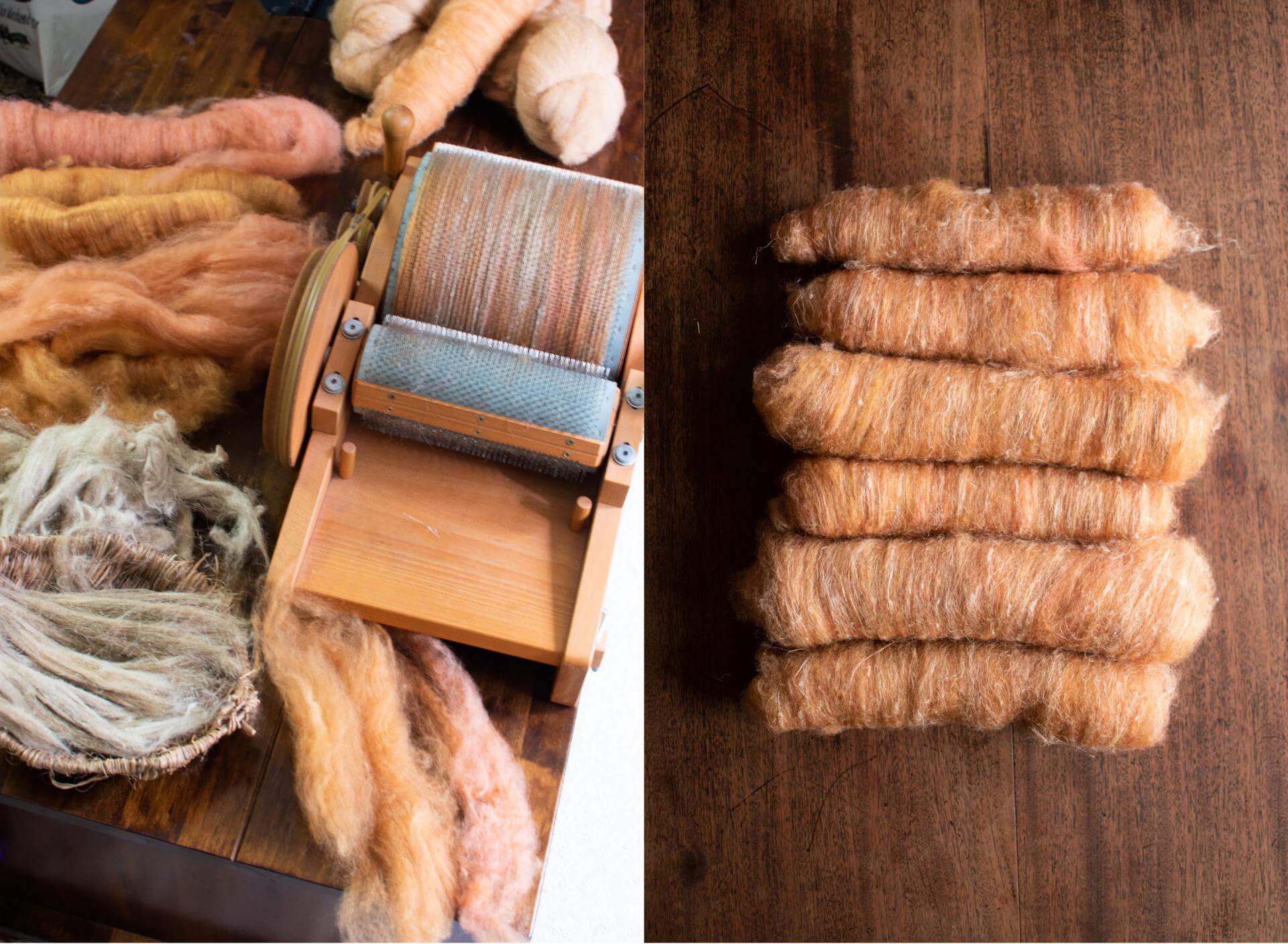 Blending fibres on a drum carder for my spinning project (hand-dyed wool and flax tow)