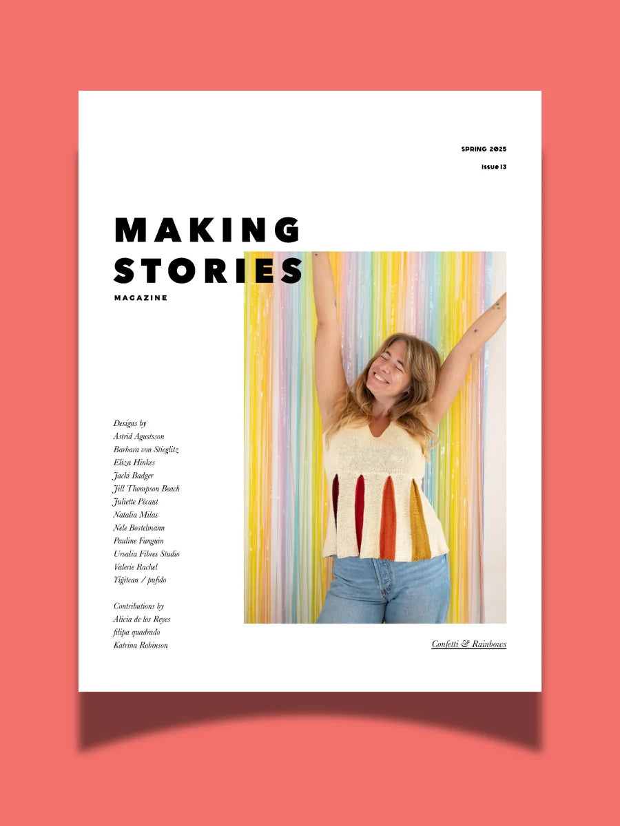 Cover of the spring 2025, issue 13 of Making Stories magazine on a red background