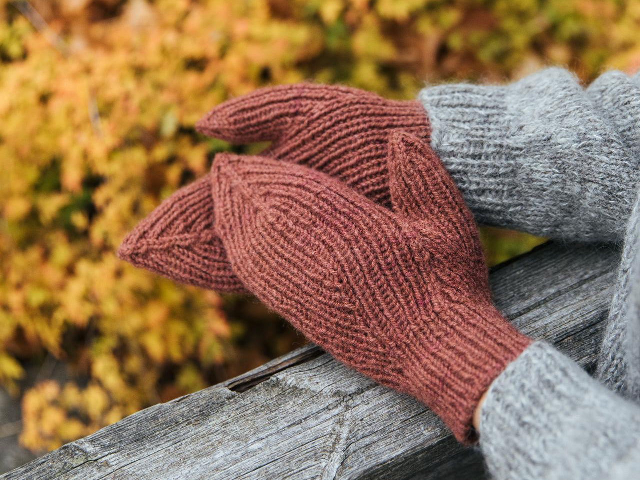 Pair of brown knit mittens worn by a person against a blurred autumnal background