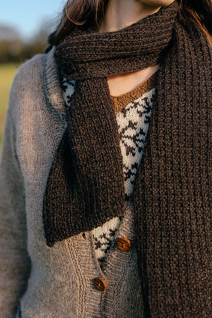 A close-up of a dark brown textured knit scarf wrapped around the neck, layered over a cardigan and a patterned tank top. The knit texture is clearly visible, showing its rich ribbed design.