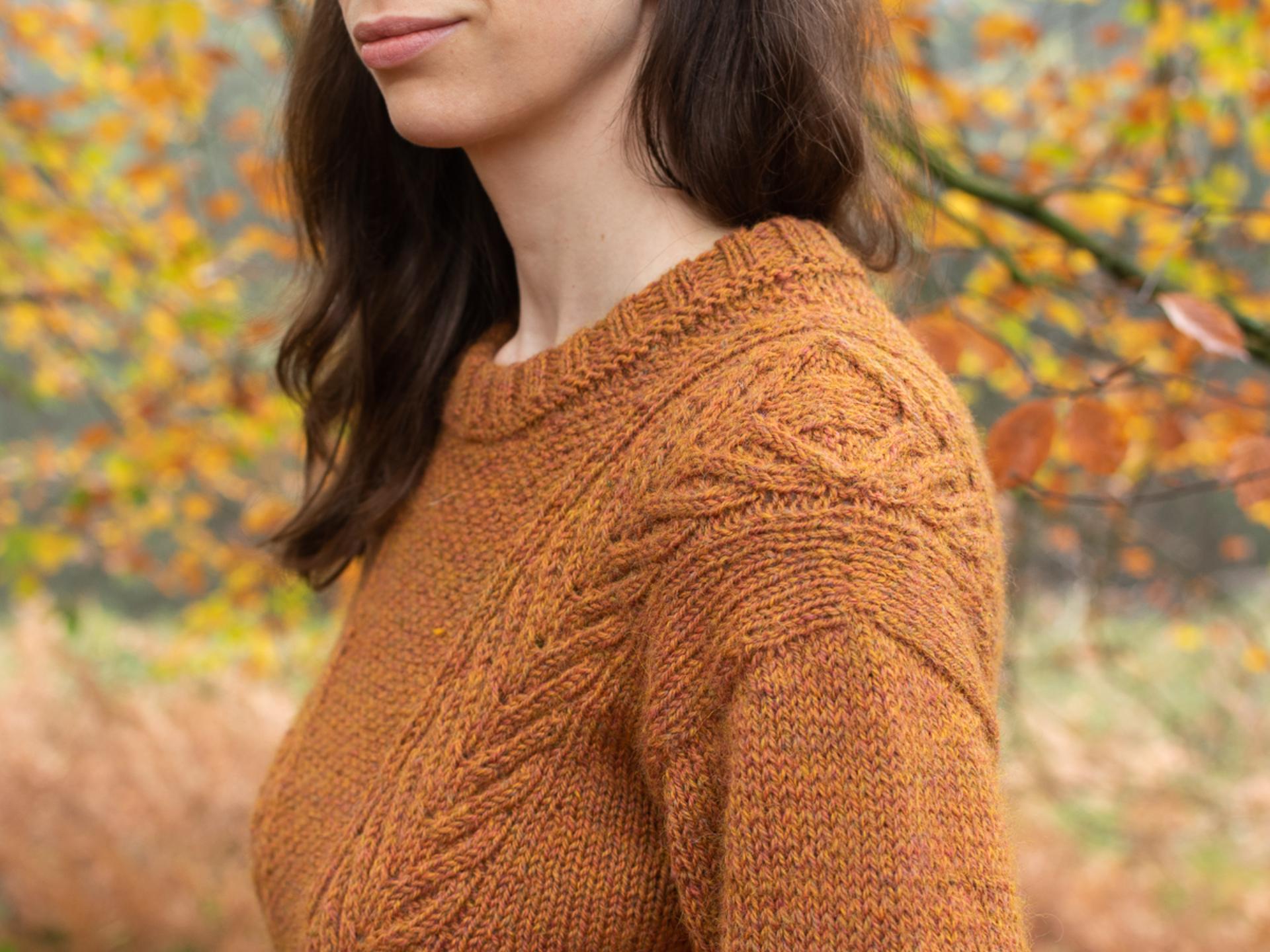 A close up shot of the shoulder of a person wearing a a rust-colored, textured handknit sweater. The focus is on the details, in particular the drop shoulder and knitted cables. 