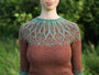 Hand-knitted Art Nouveau inspired yoke jumper in brown and teal hand-dyed yarn