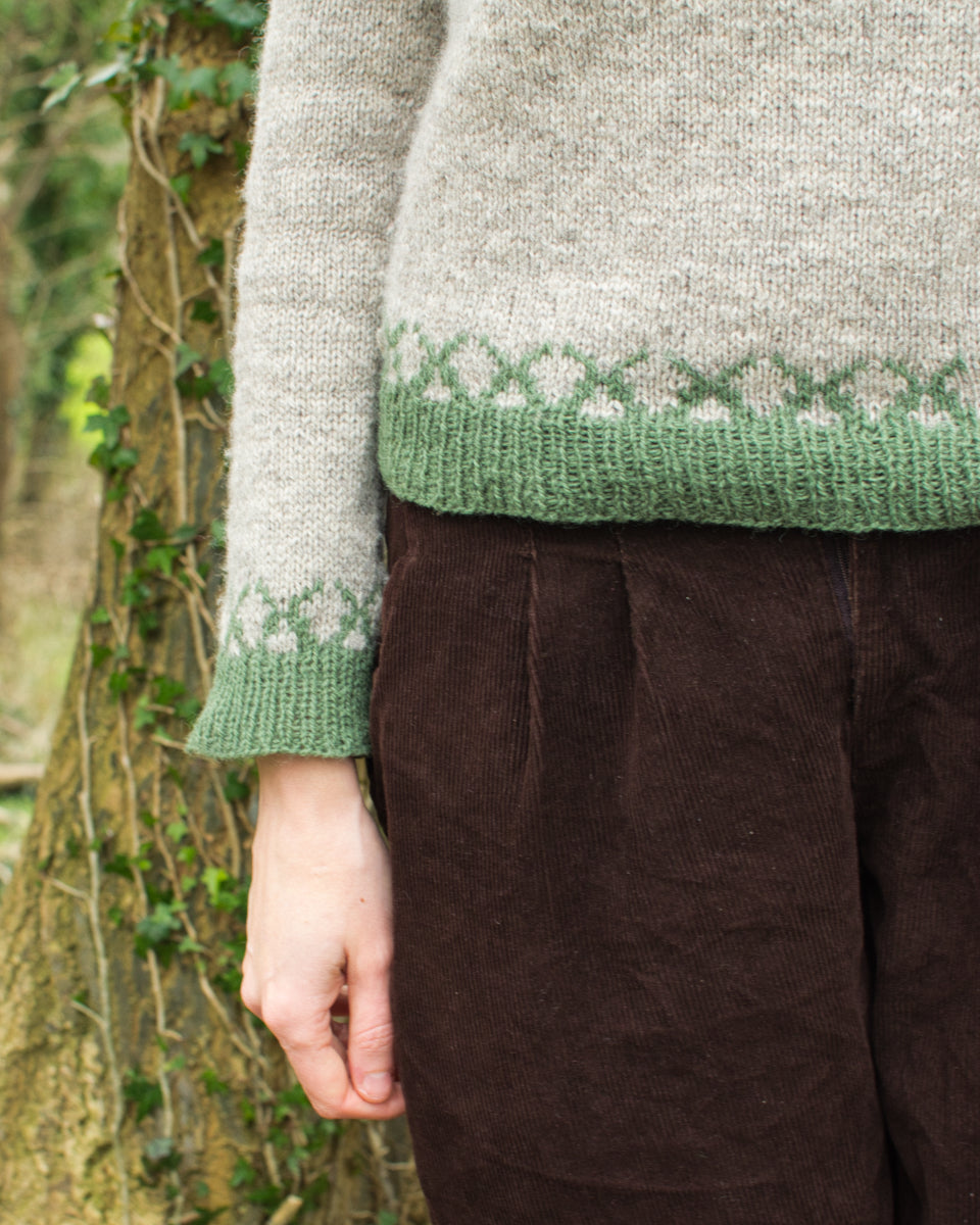 Details of the colourwork hem and cuffs of the Boskular knitting pattern