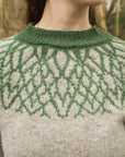 Colourwork yoke inspired by Art Nouveau design and tree branches,  in green and grey British wool yarn