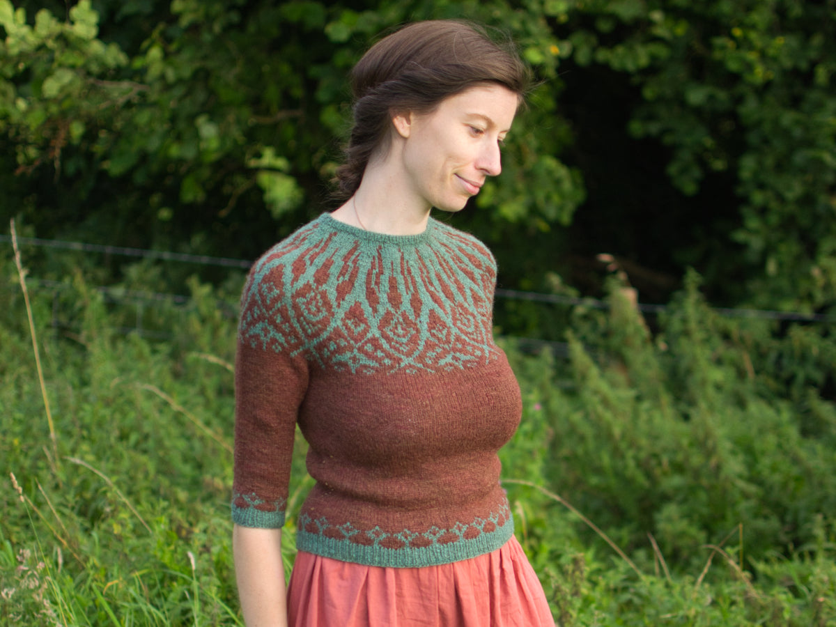Opula: an Art Nouveau inspired colourwork yoke sweater pattern in teal and brown