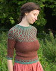 Opula: an Art Nouveau inspired colourwork yoke sweater pattern in teal and brown