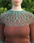 Close-up of the Opula yoke, stranded colourwork inspired by Art Nouveau design and glasswork